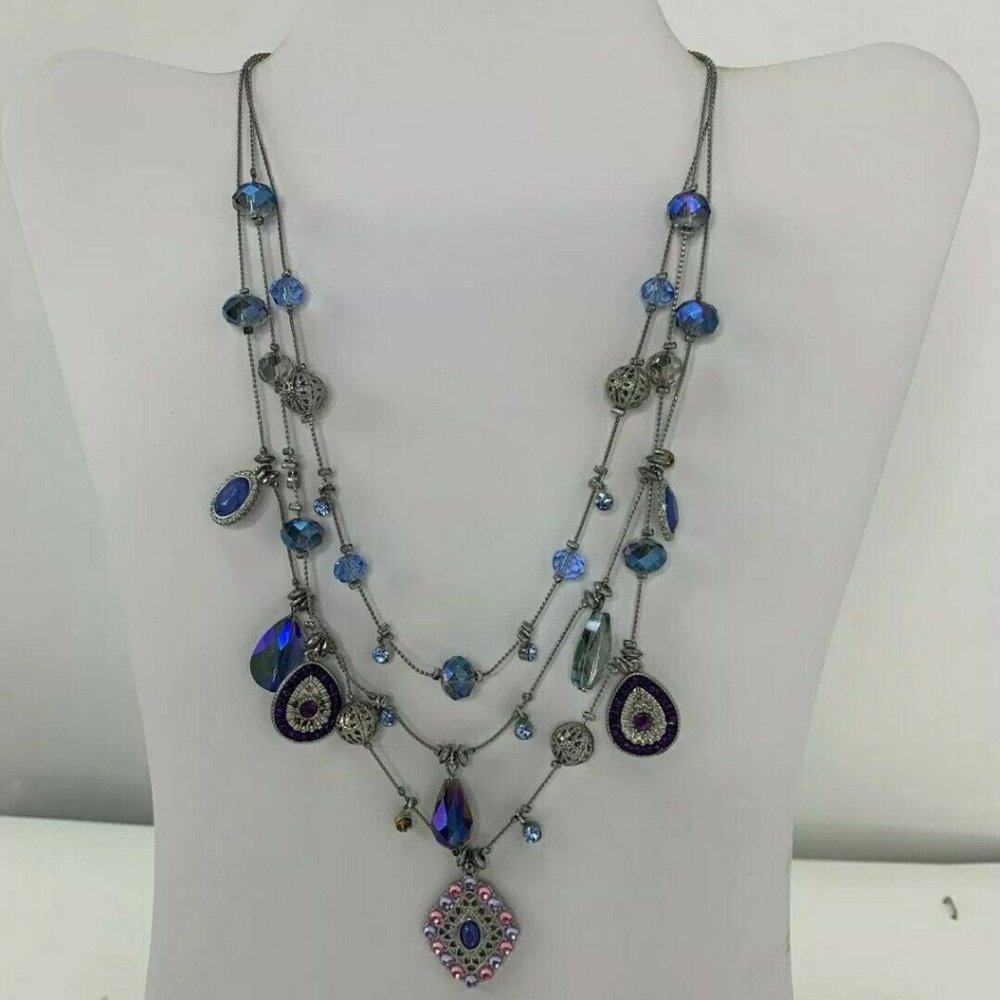 Silver Tone Necklace Faceted Bead Multi Strand